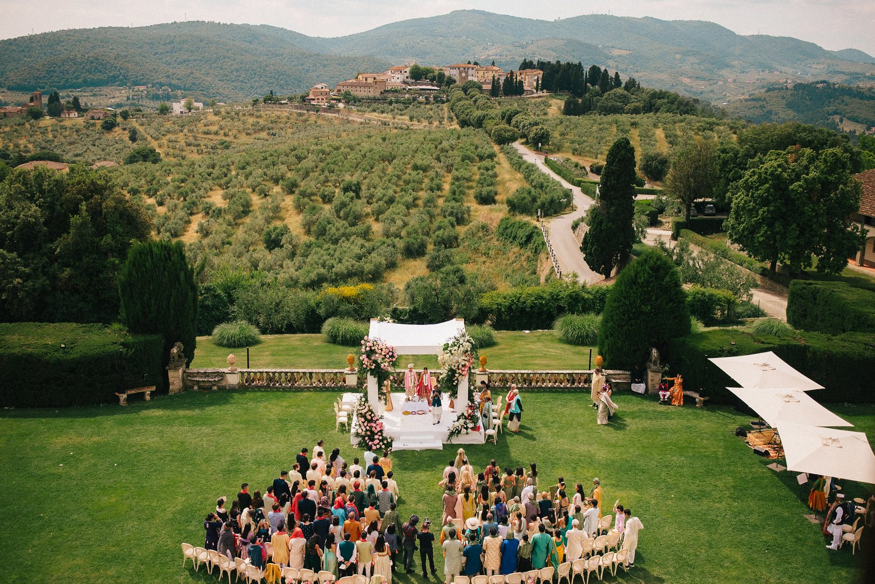 Italian wedding ceremony from above in the countryside